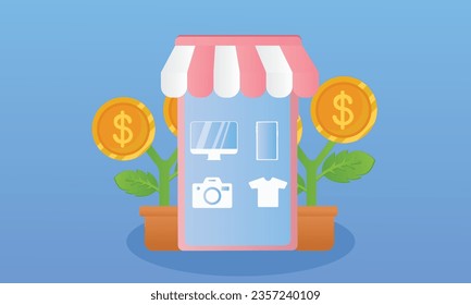 Shopping-App auf Smartphone-Bildschirm.auf blauem Hintergrund.Vektordesign-Illustration.