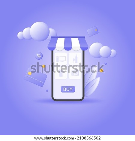 shopping app on smartphone screen. vector 3d illustration on purple background.