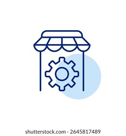 Configurações de aplicativos de compras, configuração de comércio eletrônico, gerenciamento de lojas online, controle de compras móveis, otimização da experiência do usuário. Pixel perfeito, ícone de vetor de traçado editável