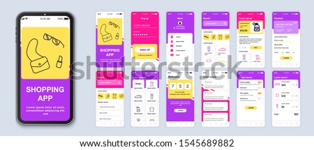 Shopping app smartphone interface vector templates set. Online clothes store web page design layout. Pack of UI, UX, GUI screens for application. Phone display. Mobile shop web design kit