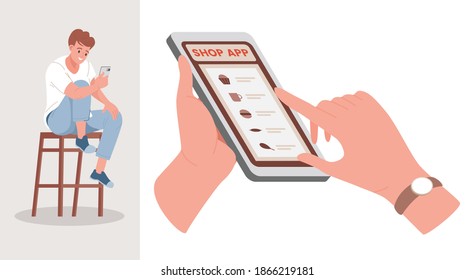 Shopping app vector flat illustration. Smiling man sitting at the chair with smartphone, looking at phone display and making online shopping. Man choosing food in grocery shop application.