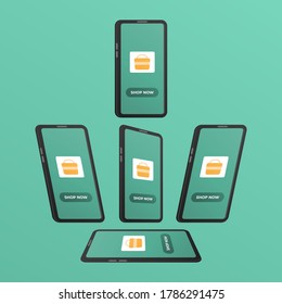 Shopping application concept, online shopping. illustration of a smartphone or handphone with various points of view. flat design. can be used for elements, landing pages, UI, websites.