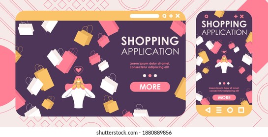 Shopping application cross platform  landing page template for desktop and mobile version with woman and bags