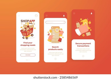 Shopping application flat design on onboarding ui mobile screen template, Search product online shopping, payment cash transaction, Vector illustration