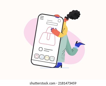 Shopping application - Online shopping and electronic commerce series - modern flat vector concept illustration of a woman with her mobile phone. Promotion, discounts, sale and online orders concept