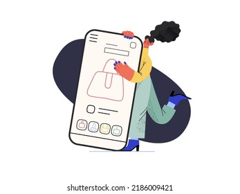 Shopping application - Online shopping and electronic commerce series - modern flat vector concept illustration of a woman with her mobile phone. Promotion, discounts, sale and online orders concept