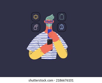 Shopping application - Online shopping and electronic commerce series - modern vector concept illustration of a man drinking beverage and shopping. Promotion, discounts, sale and online orders concept