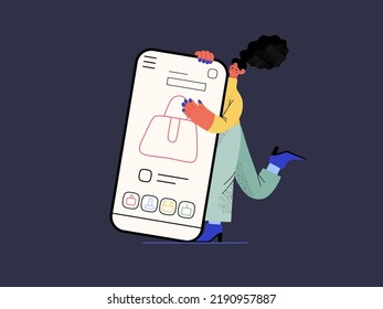 Aplicación de compras - Serie de compras en línea y comercio electrónico - moderna ilustración de un vector plano de una mujer con su teléfono móvil. Concepto de promoción, descuentos, ventas y pedidos online
