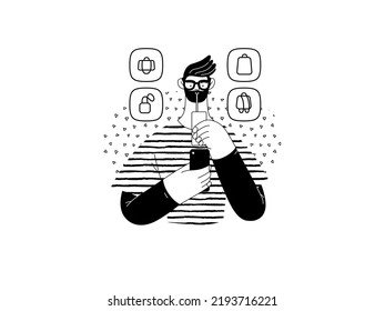 Shopping application - Online shopping and electronic commerce series - modern vector concept illustration of a man drinking beverage and shopping. Promotion, discounts, sale and online orders
