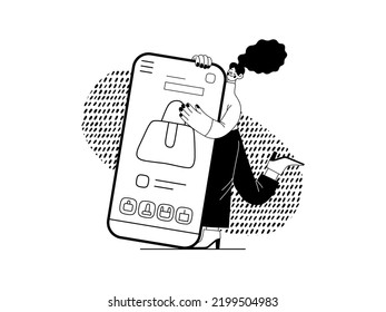 Shopping application - Online shopping and electronic commerce series - modern flat vector concept illustration of a woman with her mobile phone. Promotion, discounts, sale and online orders concept