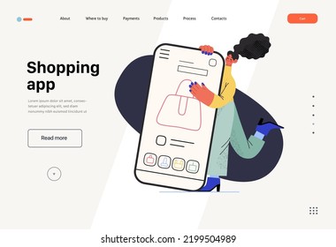 Shopping application - Online shopping and electronic commerce web template - modern flat vector illustration of a woman with her mobile phone. Promotion, discounts, sale and online orders concept