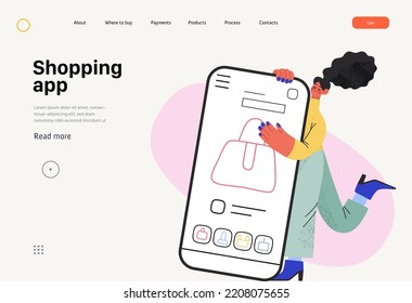 Shopping application - Online shopping and electronic commerce web template - modern flat vector illustration of a woman with her mobile phone. Promotion, discounts, sale and online orders concept