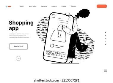 Shopping application - Online shopping and electronic commerce web template - modern flat vector illustration of a woman with her mobile phone. Promotion, discounts, sale and online orders concept