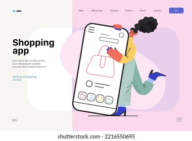 Shopping application - Online shopping and electronic commerce web template - modern flat vector illustration of a woman with her mobile phone. Promotion, discounts, sale and online orders concept