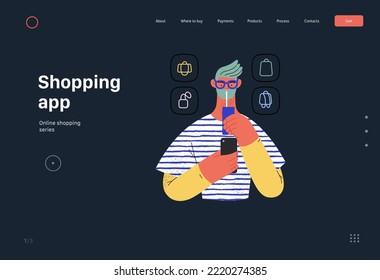 Shopping application -Online shopping and electronic commerce web template -modern vector concept illustration of man drinking beverage and shopping Promotion, discount, sale and online orders concept