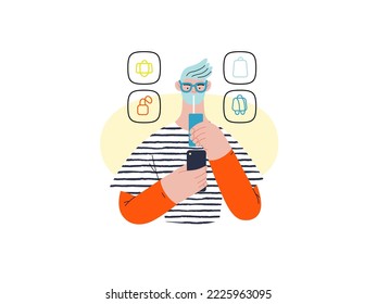 Shopping application - Online shopping and electronic commerce series - modern vector concept illustration of a man drinking beverage and shopping. Promotion, discounts, sale and online orders concept
