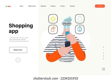 Aplicación de compras - Serie de compras en línea y comercio electrónico - moderna ilustración del concepto vectorial de un hombre bebiendo bebidas y comprando. Concepto de promoción, descuentos, ventas y pedidos online