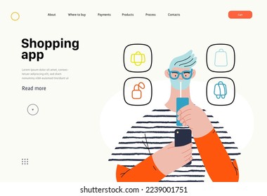 Aplicación de compras - Serie de compras en línea y comercio electrónico - moderna ilustración del concepto vectorial de un hombre bebiendo bebidas y comprando. Concepto de promoción, descuentos, ventas y pedidos online