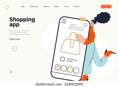 Shopping application - Online shopping and electronic commerce series - modern flat vector concept illustration of a woman with her mobile phone. Promotion, discounts, sale and online orders concept