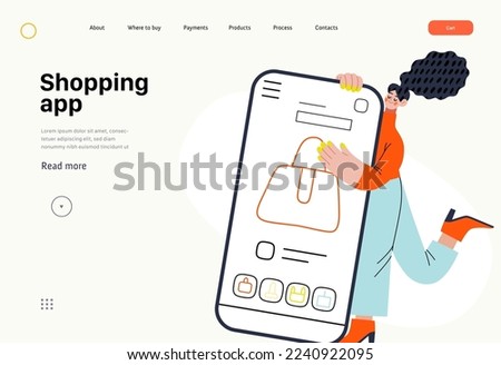 Shopping application - Online shopping and electronic commerce series - modern flat vector concept illustration of a woman with her mobile phone. Promotion, discounts, sale and online orders concept