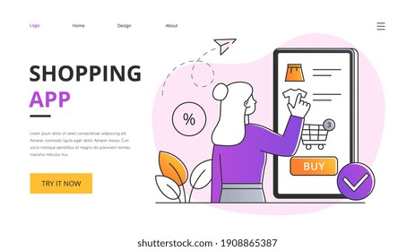 Shopping application and online purchases concept. Website, webpage, landing page template. Minimal style flat cartoon vector illustrartion