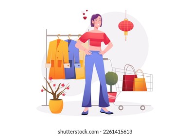 Shopping Asian concept with people scene in the flat cartoon style. Girl came to the store to choose a few things and update her wardrobe. Vector illustration.