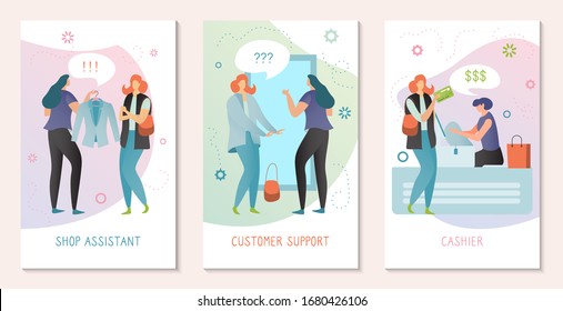 Shopping assistant concept, woman customer support, people in fashion store, vector illustration. Set of banners cards in flat style, client buying clothes in modern boutique, consumer service advice