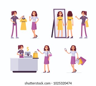 Shopping assistant help customer in clothing store. Flat style vector illustration isolated on white background.
Shopping assistant help customer in clothing store. Flat style vector illustration isolated on white background.