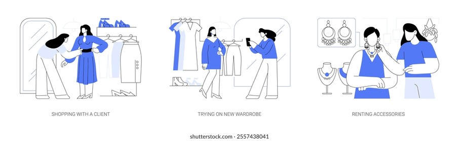 Shopping assistant isolated cartoon vector illustrations set. Professional stylist buying clothes with client in fashion boutique, trying on new wardrobe, renting accessories vector cartoon.