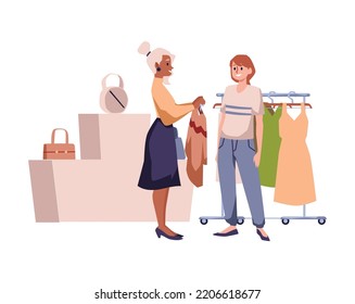 Shopping assistant or salesperson helps to pick right clothes, flat vector illustration isolated on white. Concept of personal stylist job. Woman buys new clothes.