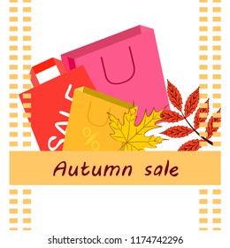 shopping autumn sale paper package fallen leaves vector background