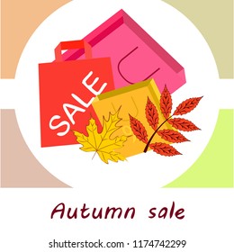 shopping autumn sale paper package fallen leaves vector background