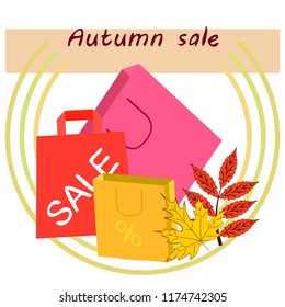 shopping autumn sale paper package fallen leaves vector background