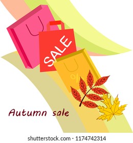 shopping autumn sale paper package fallen leaves vector background