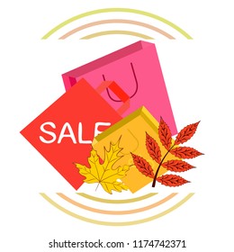 shopping autumn sale paper package fallen leaves vector background