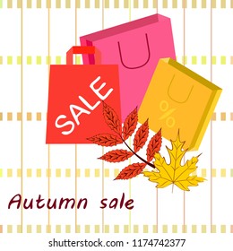 shopping autumn sale paper package fallen leaves vector background