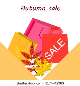 shopping autumn sale paper package fallen leaves vector background