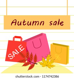 shopping autumn sale paper package fallen leaves vector background