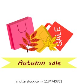 shopping autumn sale paper package fallen leaves vector background