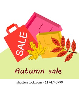 shopping autumn sale paper package fallen leaves vector background