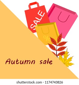 shopping autumn sale paper package fallen leaves vector background