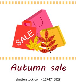 shopping autumn sale paper package fallen leaves vector background