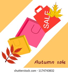 shopping autumn sale paper package fallen leaves vector background