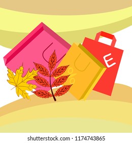 shopping autumn sale paper package fallen leaves vector background