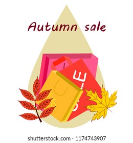 shopping autumn sale paper package fallen leaves vector background