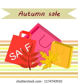 shopping autumn sale paper package fallen leaves vector background