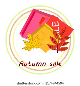 shopping autumn sale paper package fallen leaves vector background