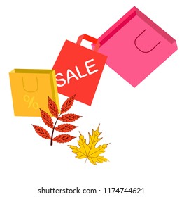 shopping autumn sale paper package fallen leaves vector background