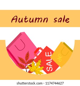 shopping autumn sale paper package fallen leaves vector background