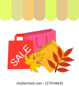 shopping autumn sale paper package fallen leaves vector background